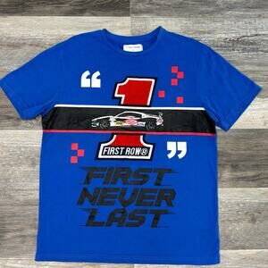 First Row First Never Last Blue‎ Mens L Racing Sportscar Chenille Patch T-Shirt